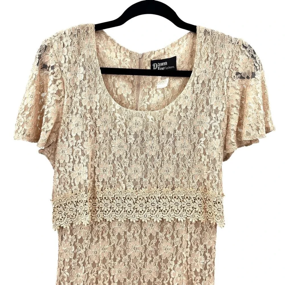 Vintage‎ Dawn Joy Womens Dress 9 10 Beige Lace Sheer Midi Cottage Wedding Nylon